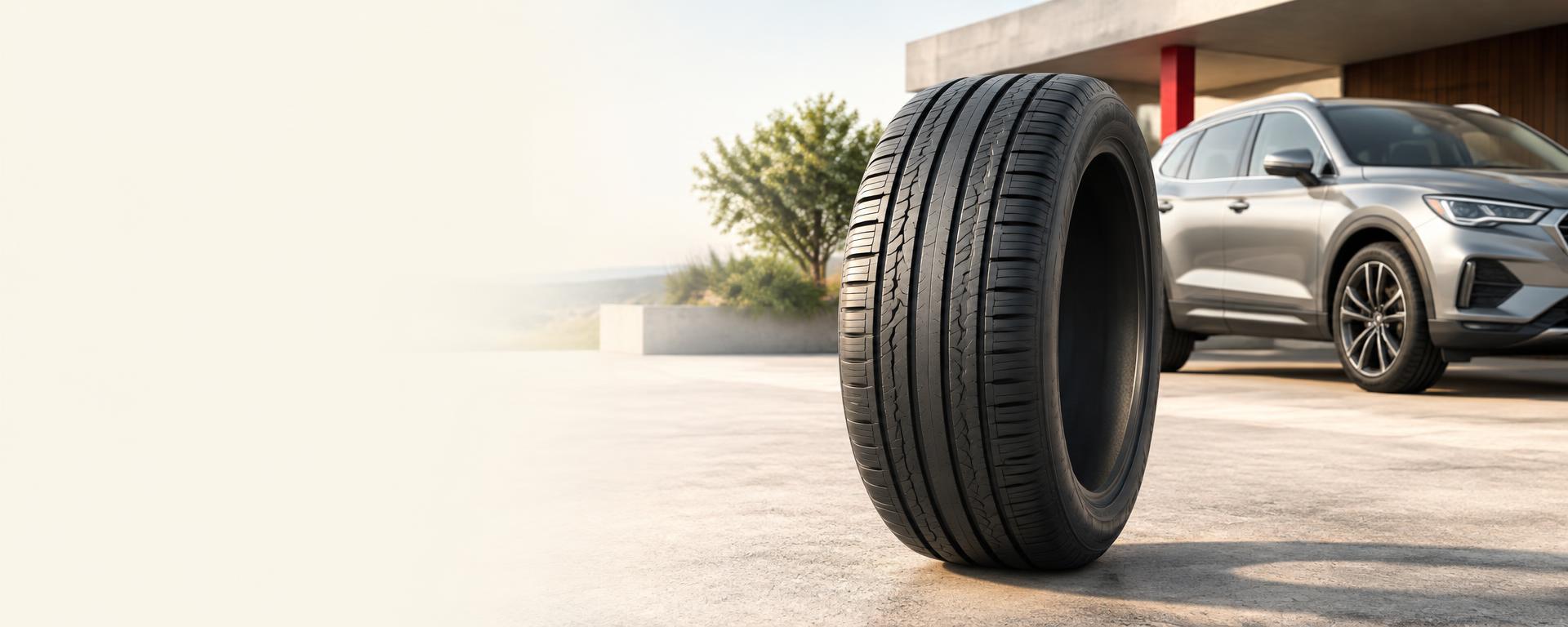 Illustrative passenger tyre beside a silver SUV