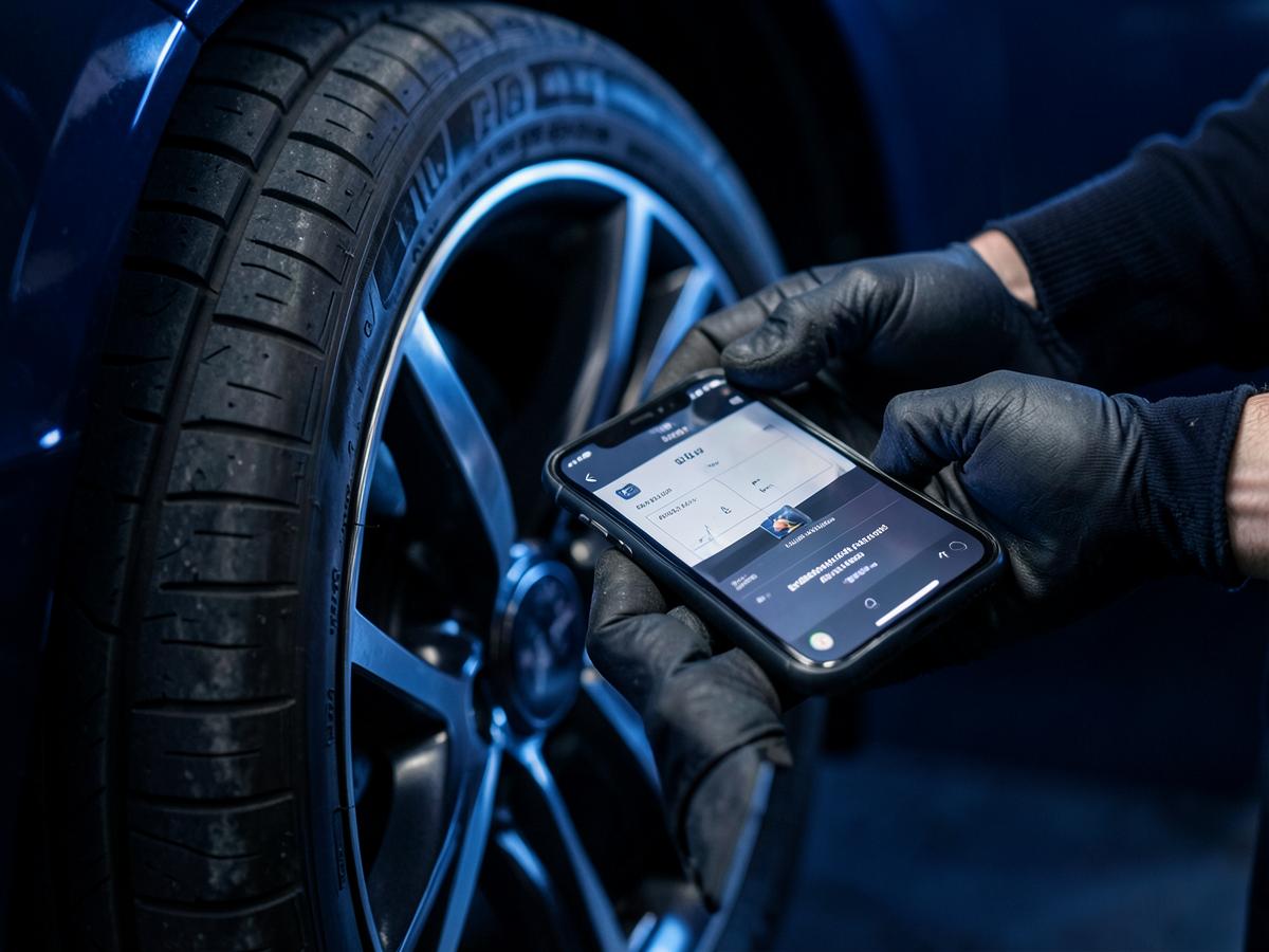 Technician photographing rim and tread condition on a mobile fitment job